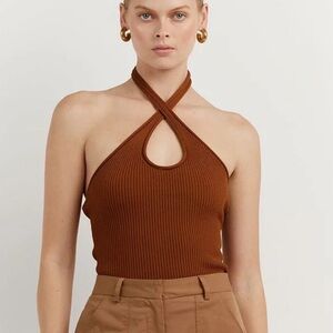 DISSH Toni Tan Brown Halter Ribbed Keyhole Tank XS
